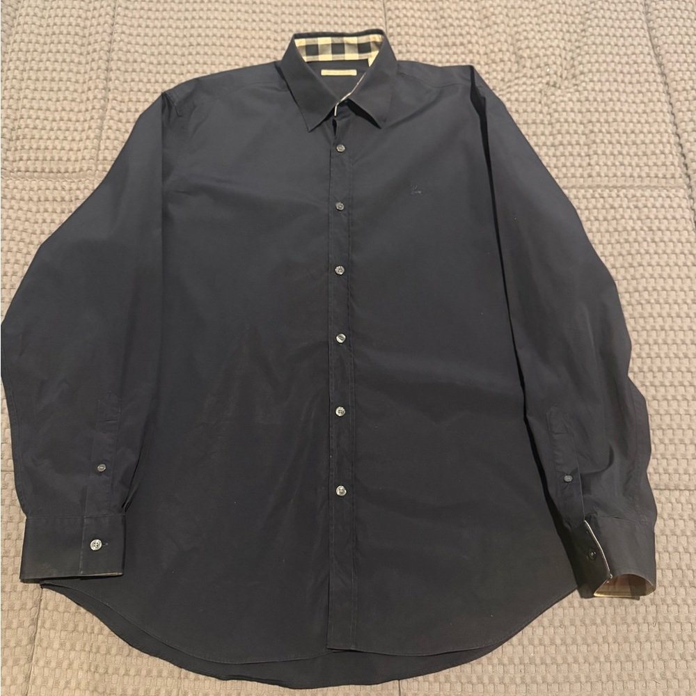 Burberry Brit Classic Navy Blue Shirt Men’s XL Long Sleeve Cotton Check Cuffs